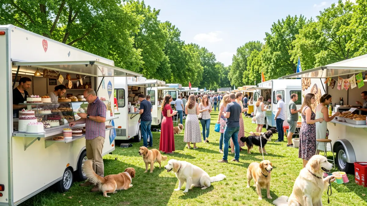 Imaxe dun festival gastronómico ao aire libre cunha variedade de tartas de queixo e ambiente familiar.