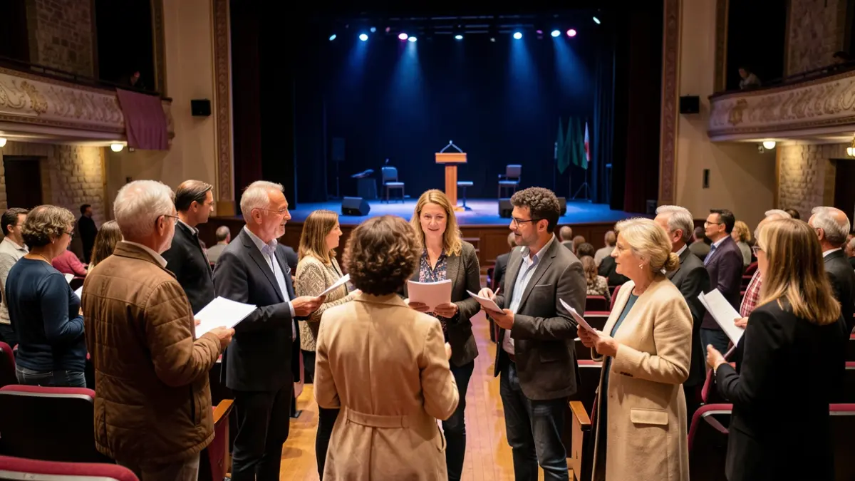 Imagen genérica de profesionales de las artes escénicas debatiendo en un teatro.