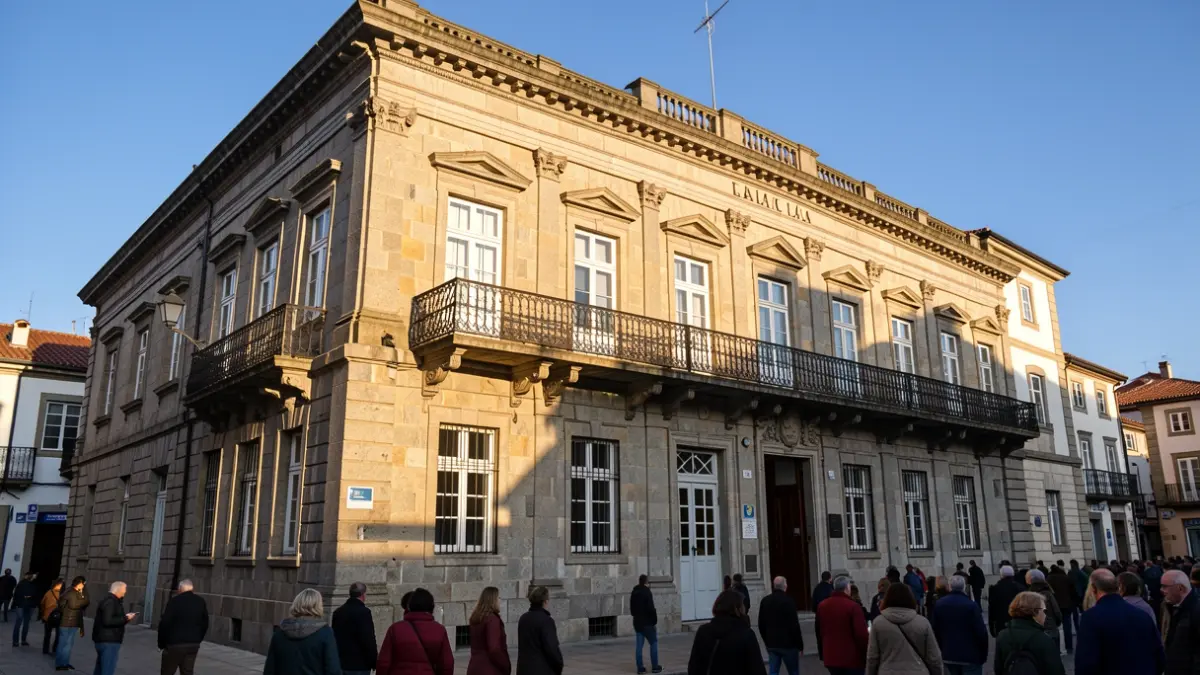 Imagen genérica de un ayuntamiento gallego de granito con balcón y barandillas de hierro, a la luz del sol de la tarde.
