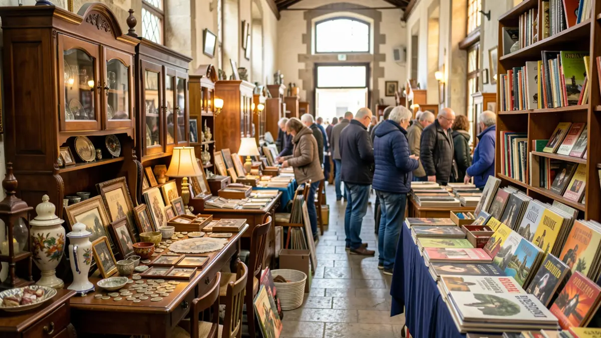 Imaxe dunha feira de antigüidades e coleccionismo en Narón, con postos de mobles antigos, libros e obxectos vintage.