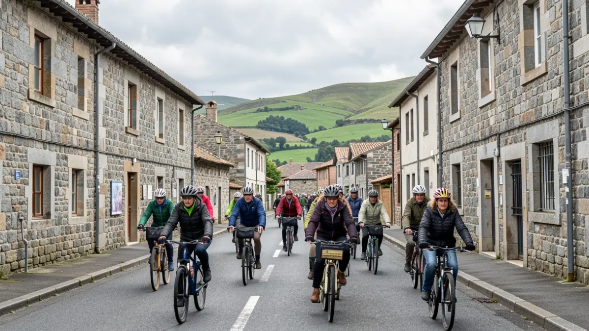Imaxe xenérica de ciclistas nunha vila galega con edificios de granito e outeiros verdes.