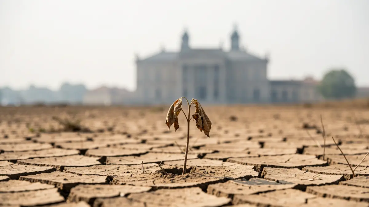 Imagen genérica de tierra seca y agrietada con una planta mustia y la silueta de un ayuntamiento al fondo.