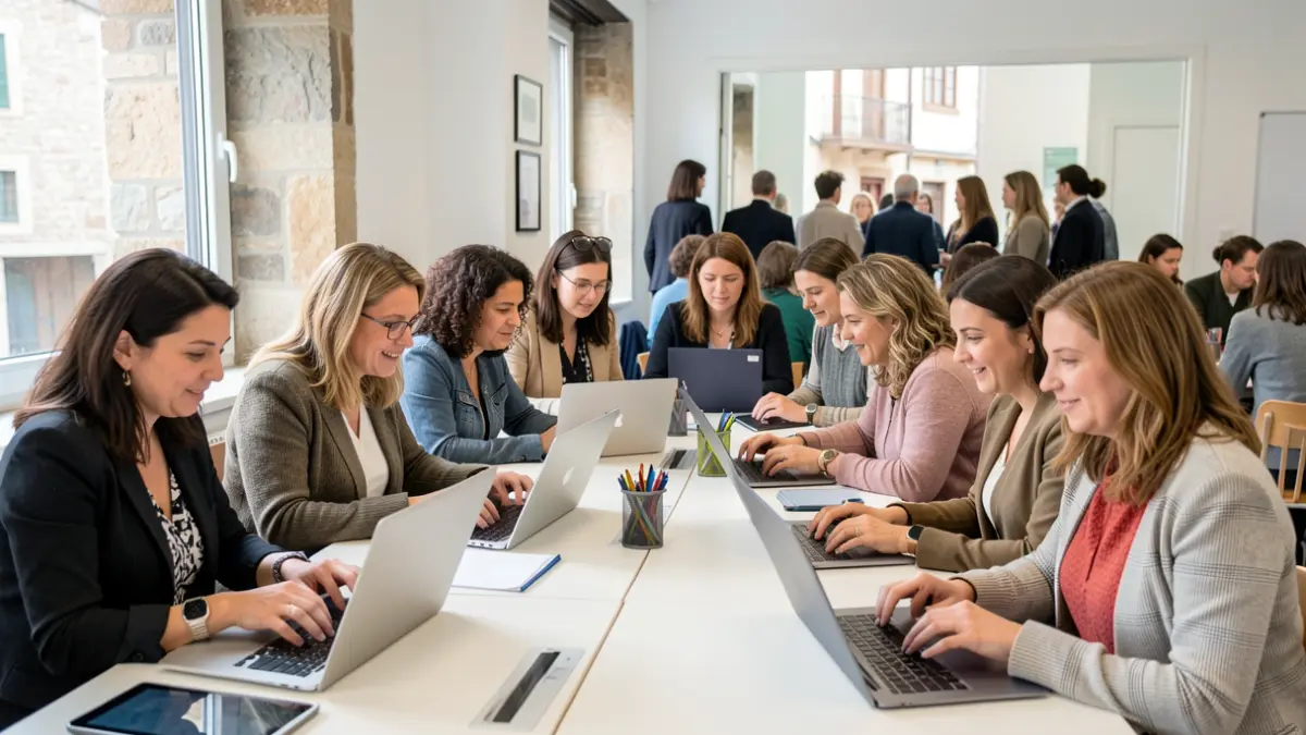 Mujeres participando en un taller de tecnología digital en un aula luminosa.