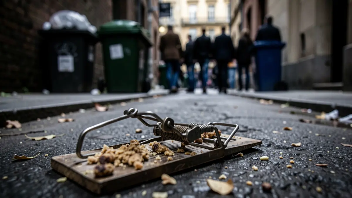 Primeira imaxe dunha trampa para roedores nunha rúa urbana escura.