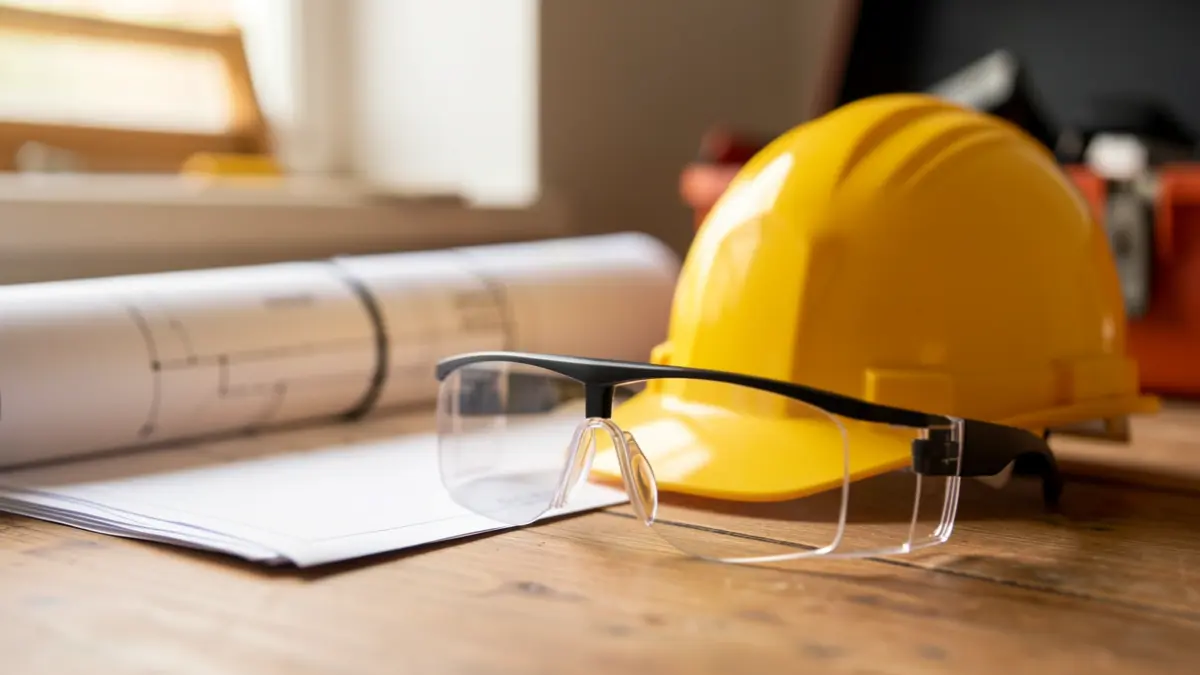 Imaxe xenérica de equipamento de seguridade laboral sobre unha mesa.