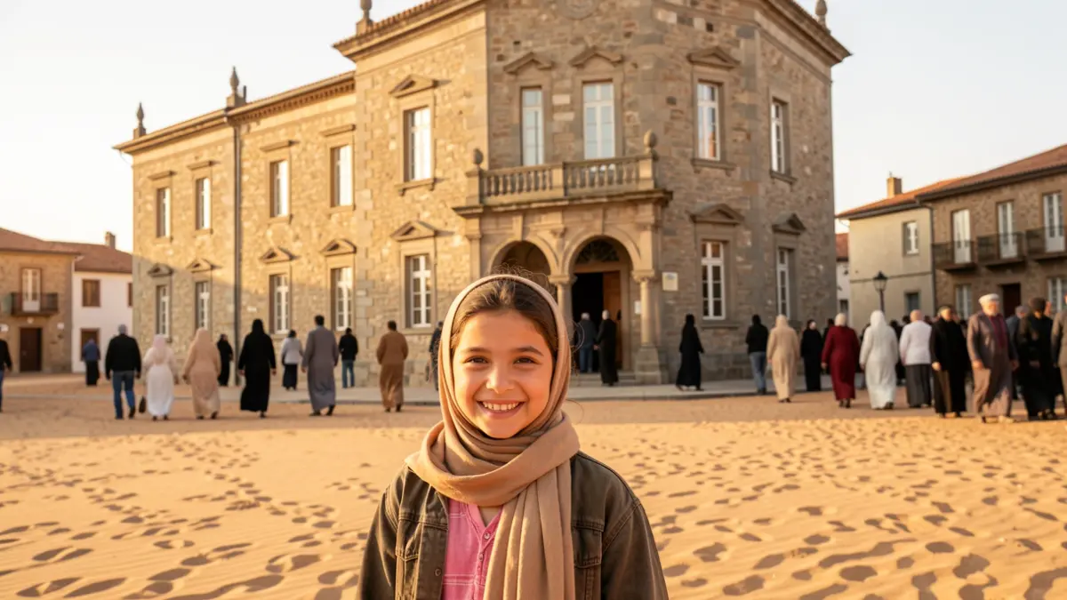 Imagen de una niña saharaui delante de un ayuntamiento de estilo gallego.