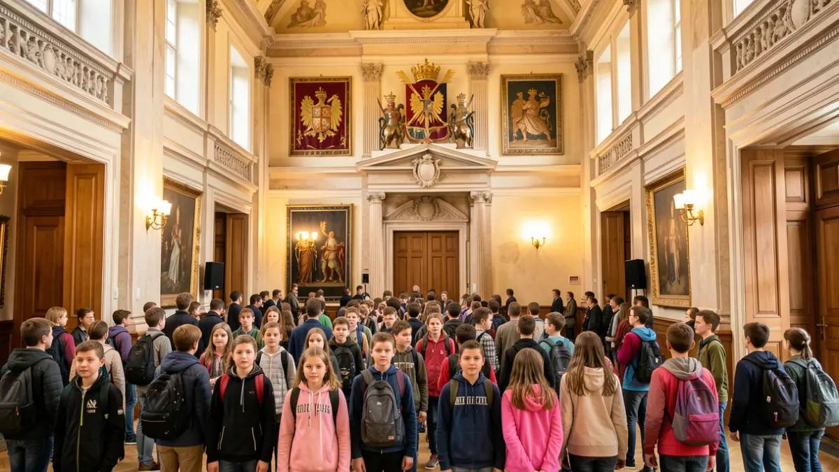 Niños y niñas participantes en el programa Verán CampUSC visitando la Casa del Ayuntamiento de Santiago.