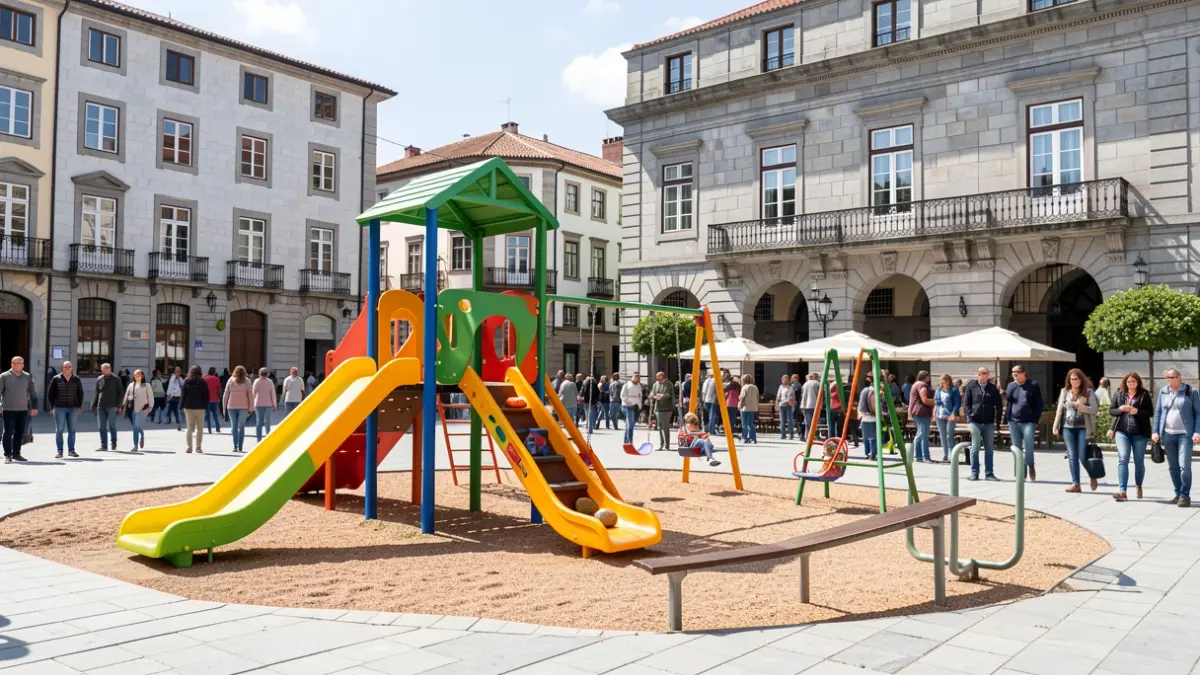 Imaxe dunha nova área infantil moderna e colorida na Praza de Portugal da Coruña, con elementos de xogo accesibles e arquitectura de granito ao fondo.
