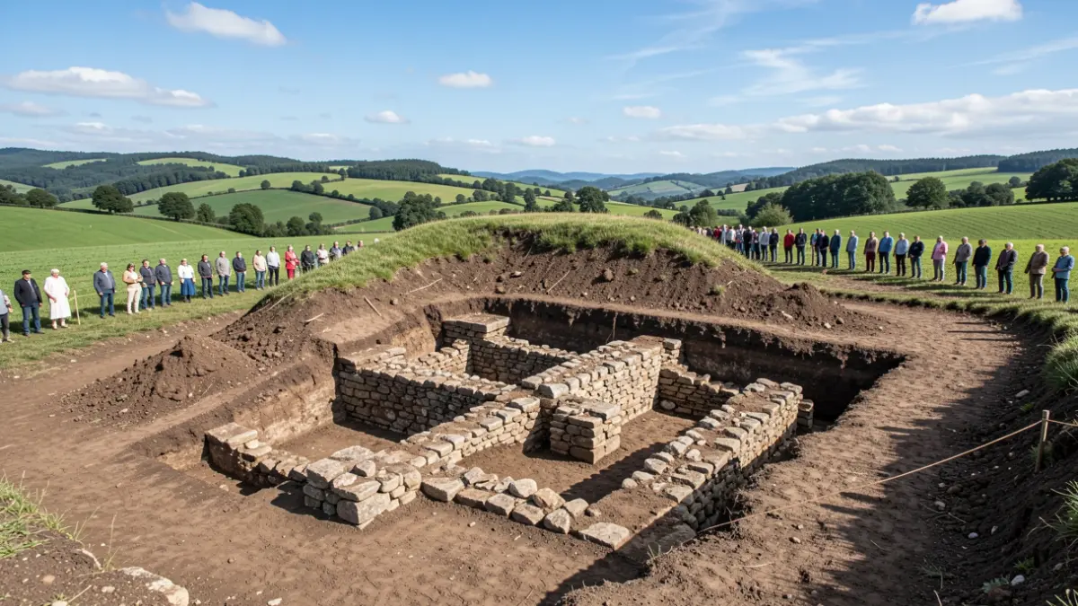 Imaxe dunha escavación arqueolóxica dun túmulo megalítico en Galicia.