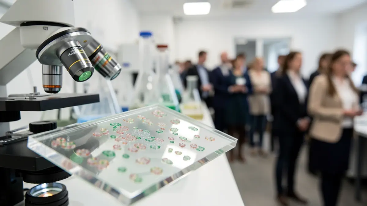 Imaxe xenérica de microscopio e material de laboratorio.