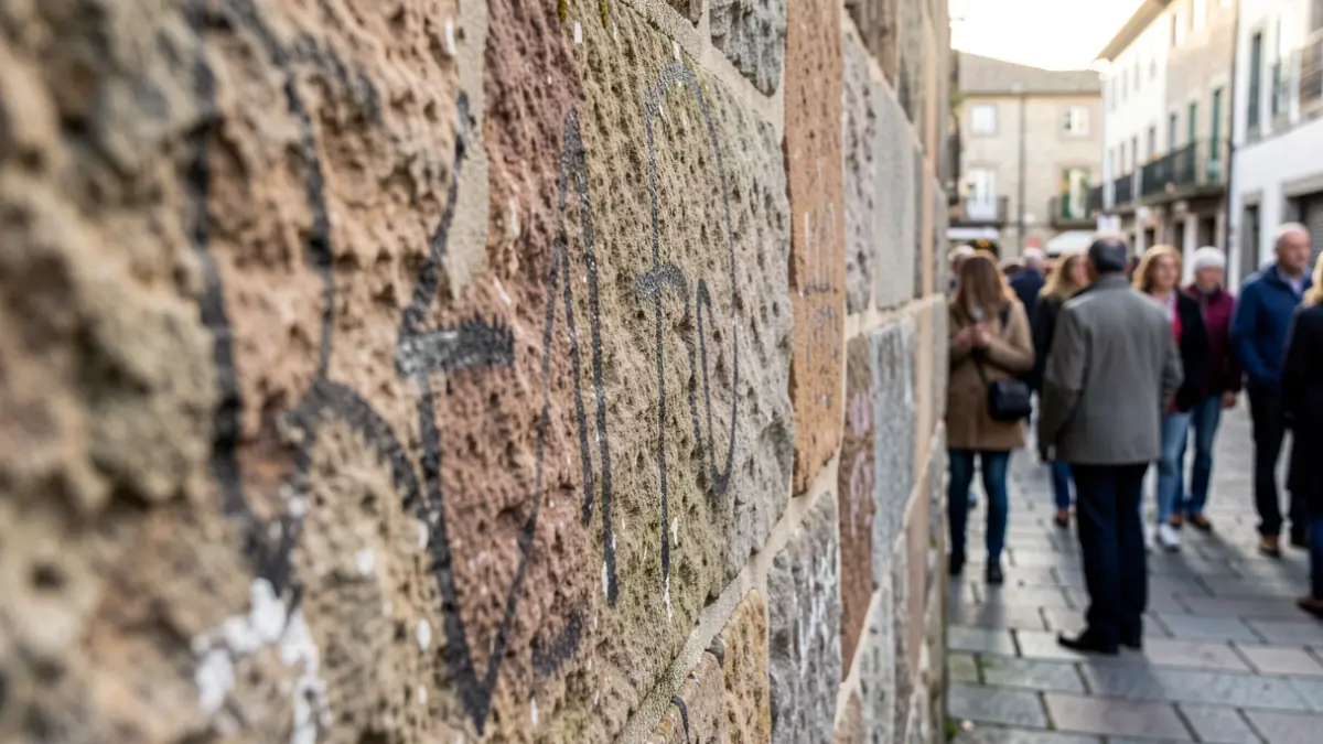 Imagen de una pared de piedra con restos de pintadas en una calle urbana.
