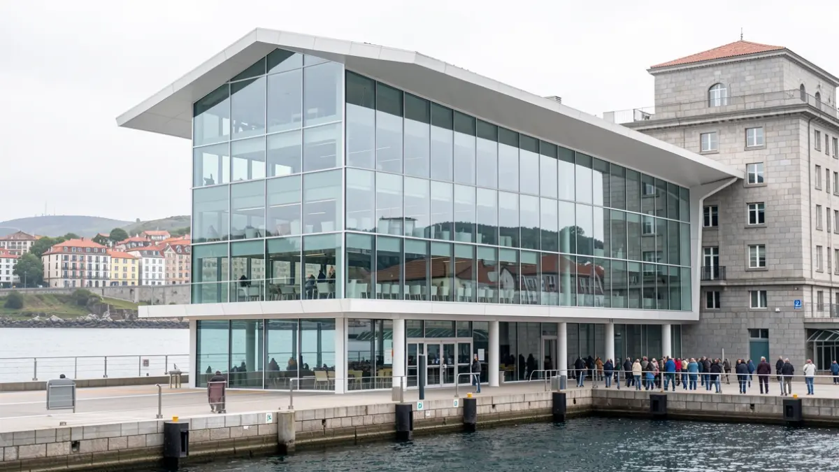 Imaxe xenérica dunha terminal de cruceiros moderna con arquitectura de granito galega ao fondo, baixo luz diurna suave.