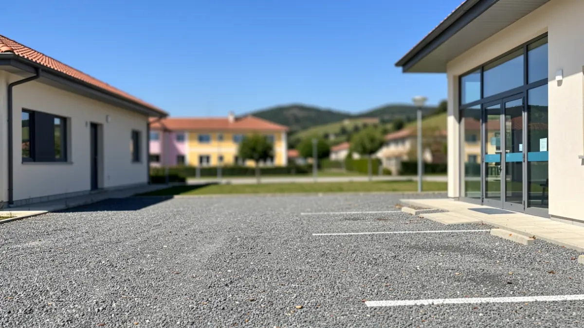 Aparcadoiro provisional xunto a un centro de saúde e un colexio en Oleiros.