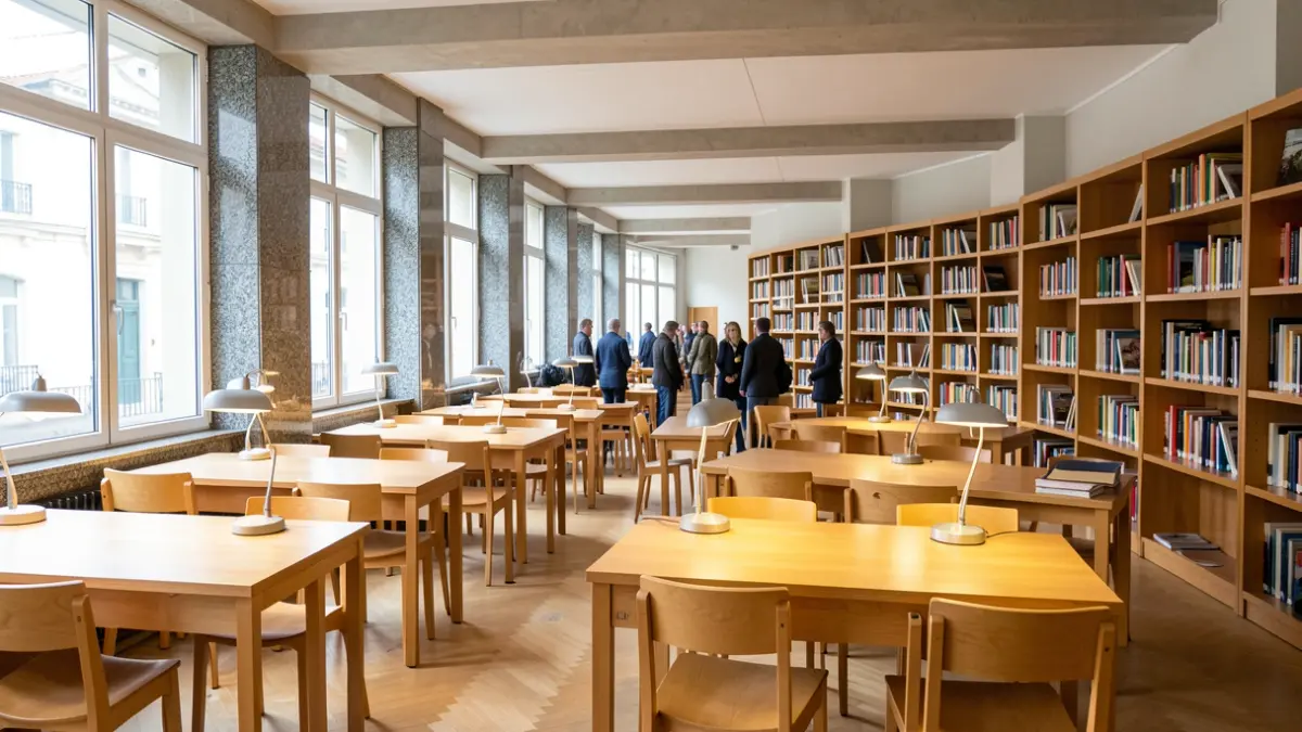 Imaxe xenérica dun centro de estudos moderno en Galicia con mesas baleiras e andeis cheos de libros.