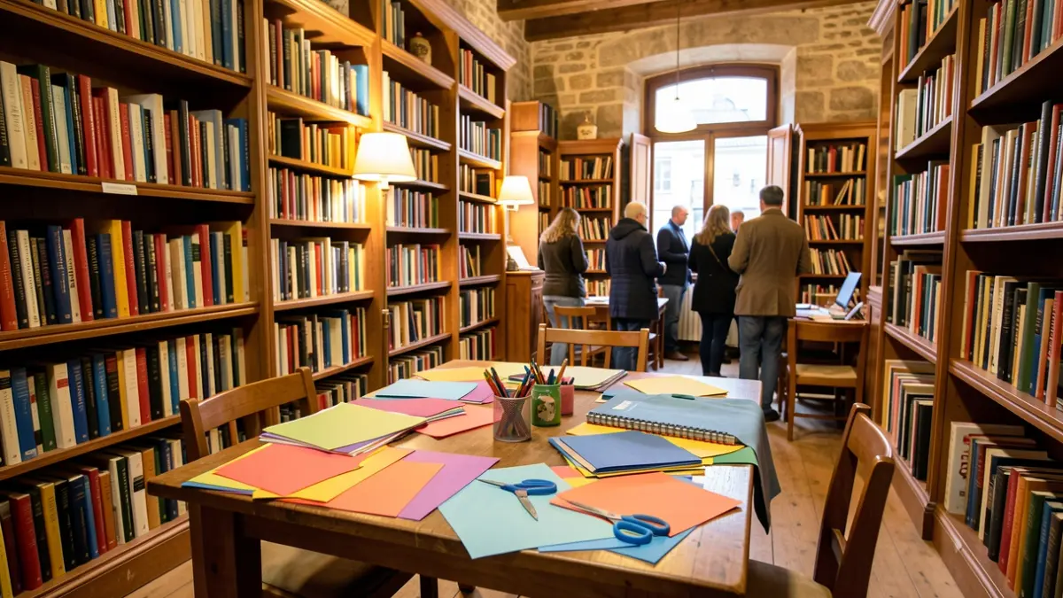 Imaxe xenérica dunha biblioteca con materiais para manualidades.