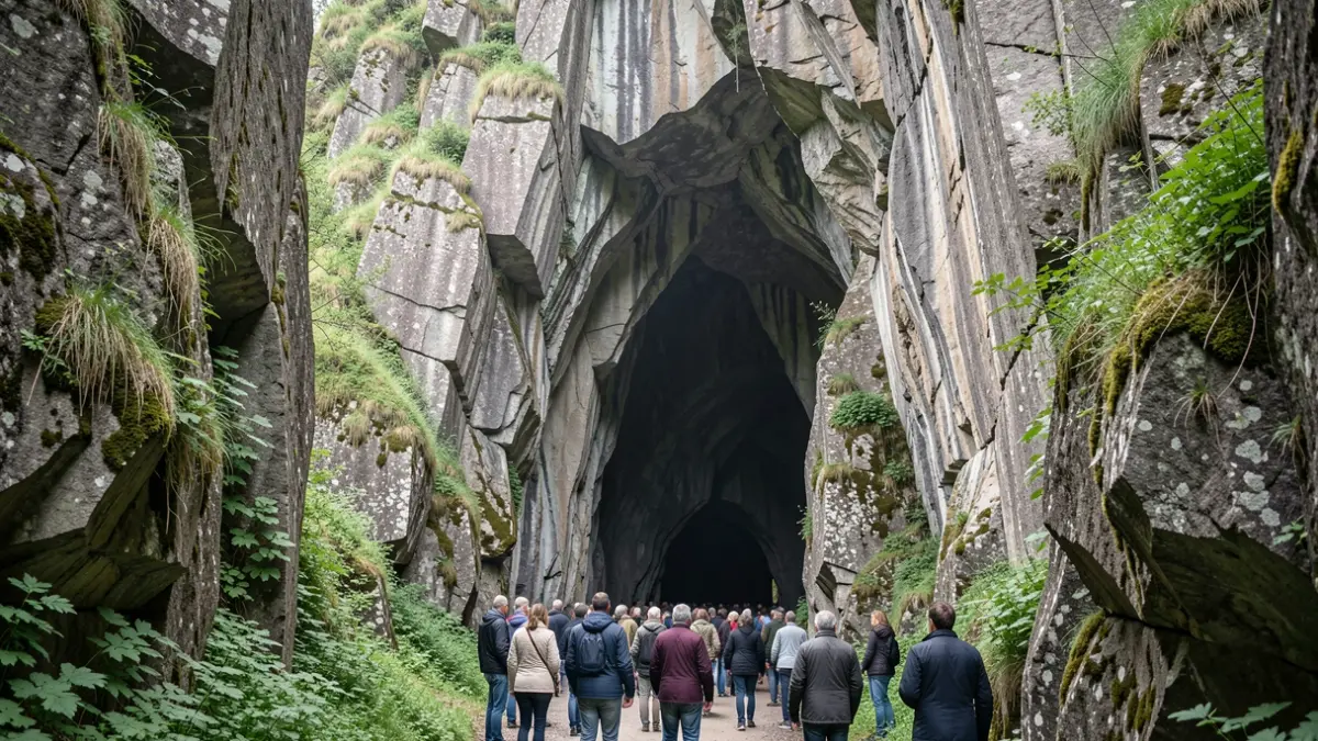 Imaxe xenérica dunha cova antiga en Galicia con formacións de granito e vexetación verde.