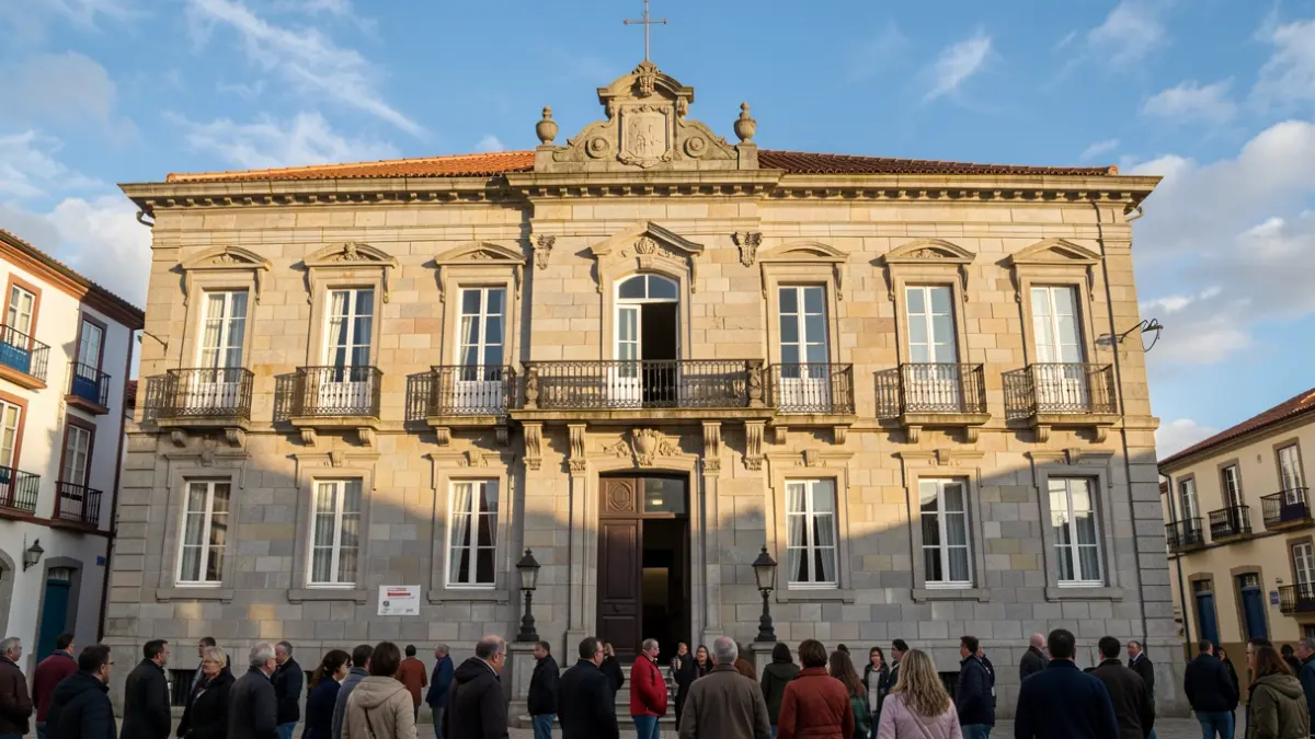 Imaxe xenérica dun concello de pedra galego con balcóns ornamentados e raís de ferro, baixo a luz do sol da tarde.