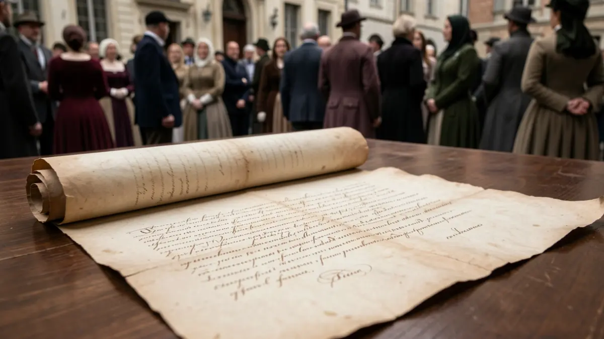 Primeiro plano dun pergamiño antigo con escritura histórica detallada.