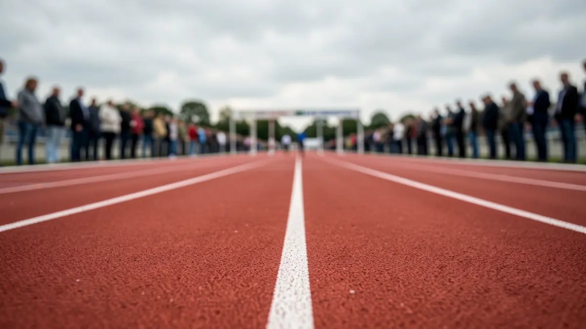 Imaxe xenérica dunha pista de atletismo baleira baixo un ceo nubrado.