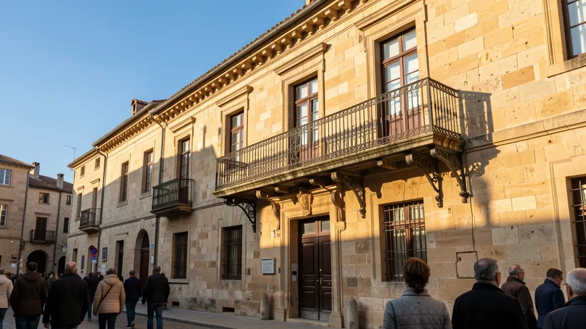 Imaxe xenérica dun concello tradicional galego con balcón e luz solar.