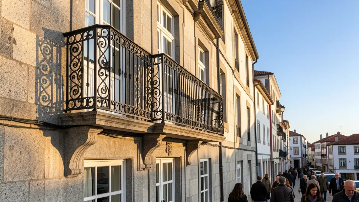 Imagen genérica de un edificio institucional gallego con balcón de hierro y luz solar.