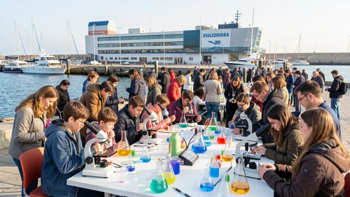 Imaxe xenérica de persoas participando en experimentos científicos nunha feira de ciencia.