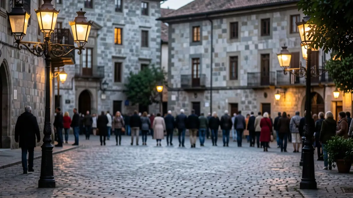Imaxe xenérica dunha praza de vila galega ao atardecer con farois.