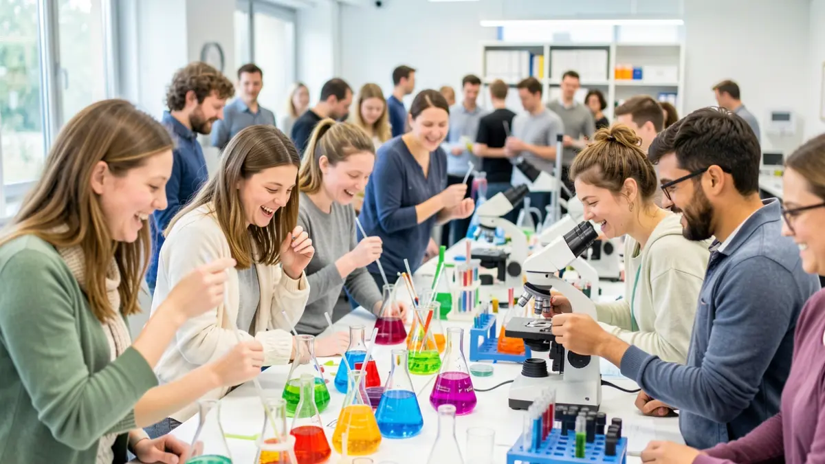 Imagen de un grupo diverso de personas participando en un experimento científico en un laboratorio moderno.