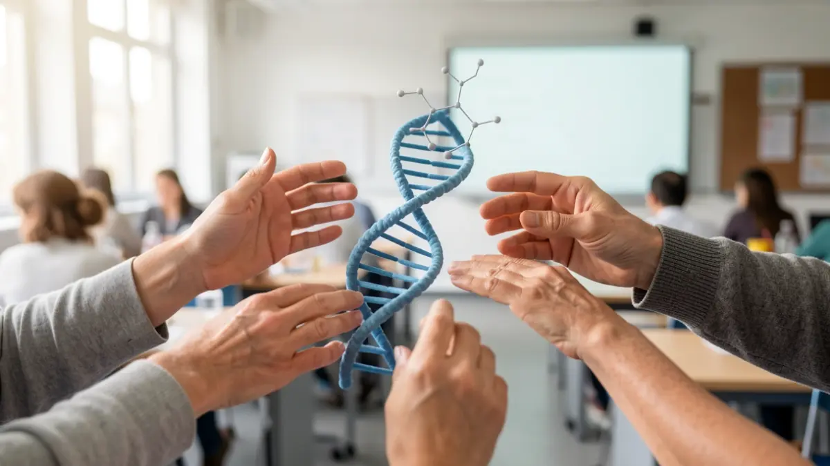 Imaxe xenérica de mans diversas achegándose a unha molécula científica nun laboratorio.