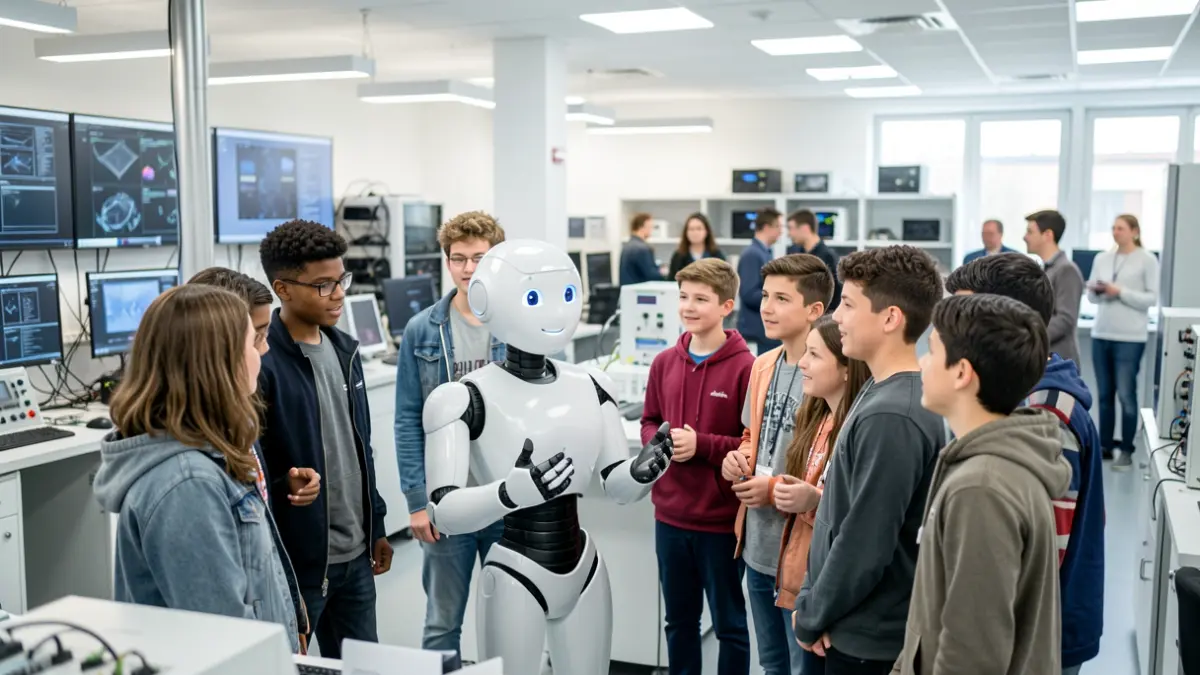 Imaxe xenérica de estudantes interactuando cun robot nun laboratorio tecnolóxico.