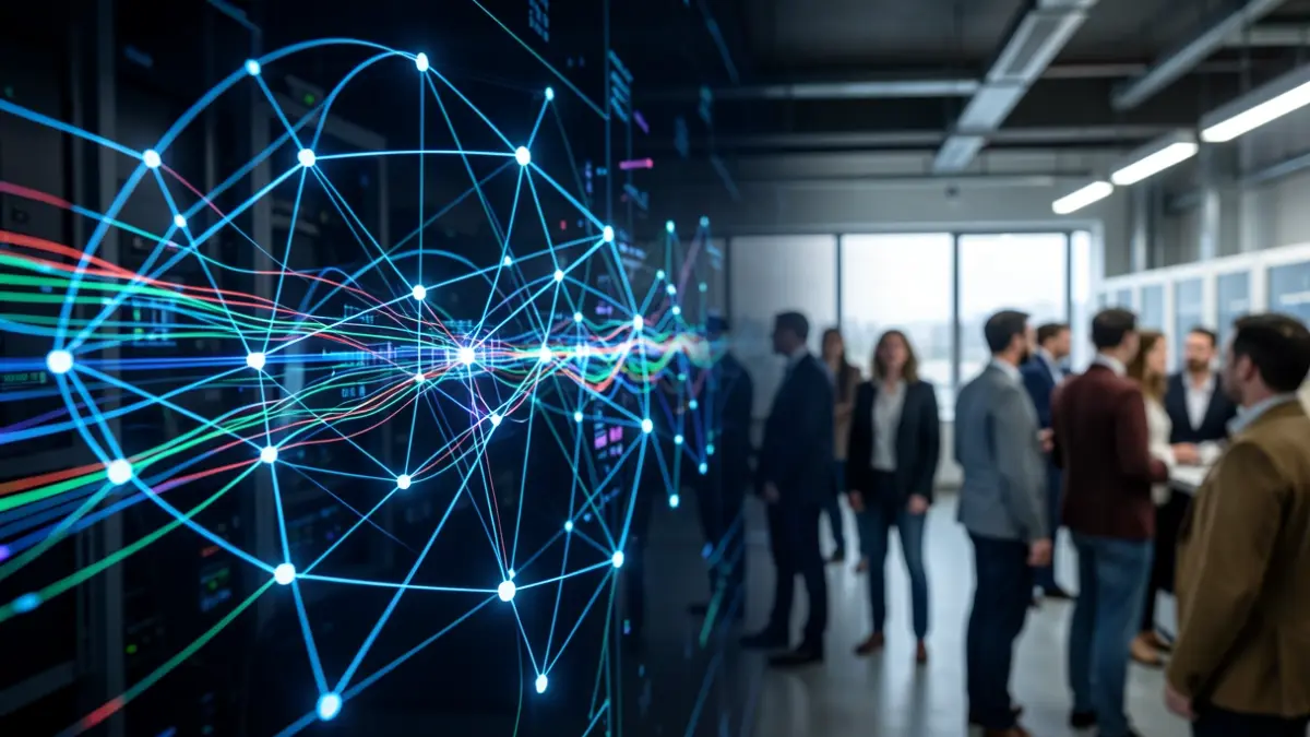 Representación abstracta de computación cuántica con nodos conectados y flujos de datos.