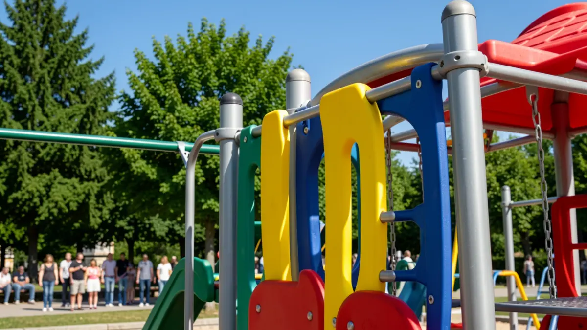 Imagen de una estructura de parque infantil moderna con elementos de juego coloridos y seguros en un día soleado en Galicia.