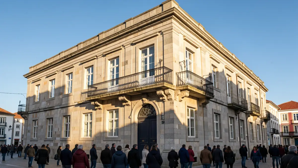 Fachada de un ayuntamiento de granito en A Coruña con balcón y barandilla de hierro, luz solar de la tarde.