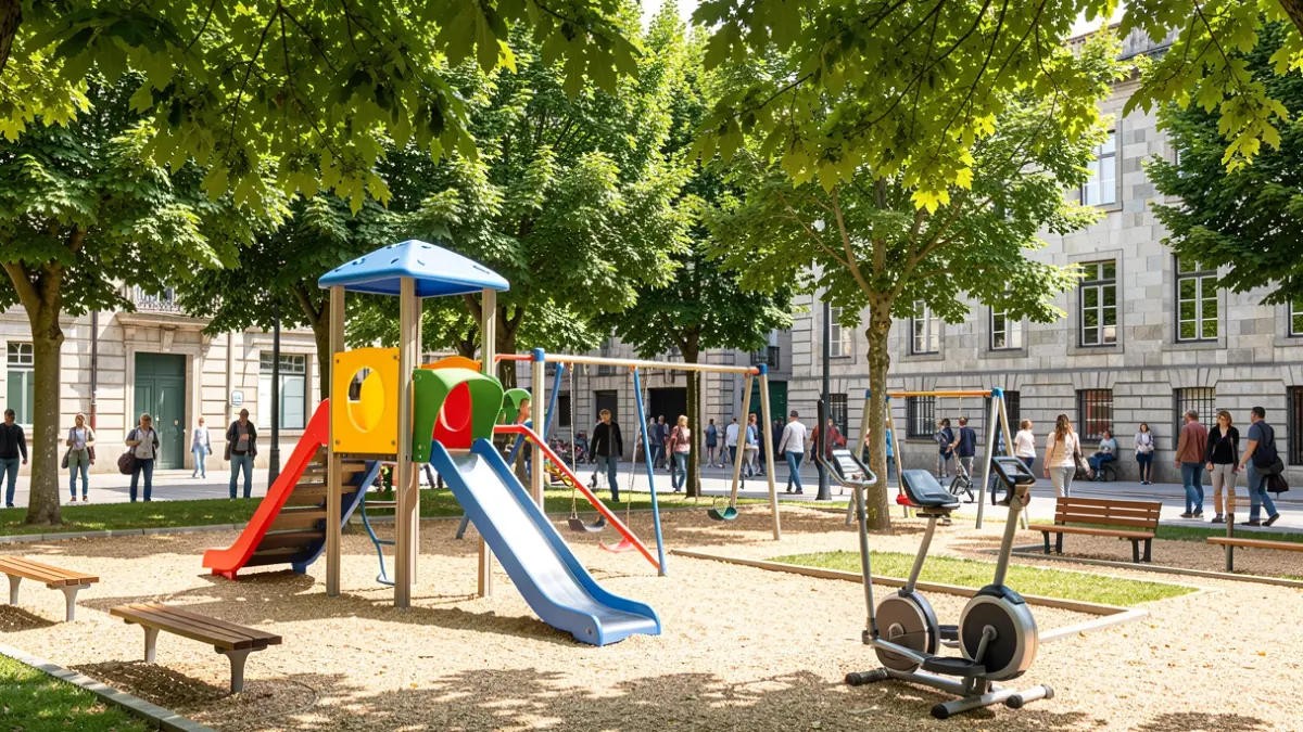 Imaxe dun parque infantil moderno con zonas de xogo e equipamento deportivo ao aire libre nunha contorna de Galicia.