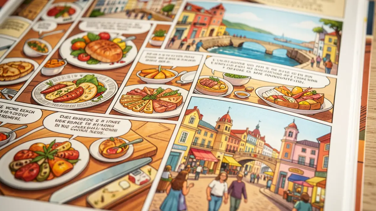 Imagen de una página de cómic con recetas ilustradas y escenas de A Coruña.