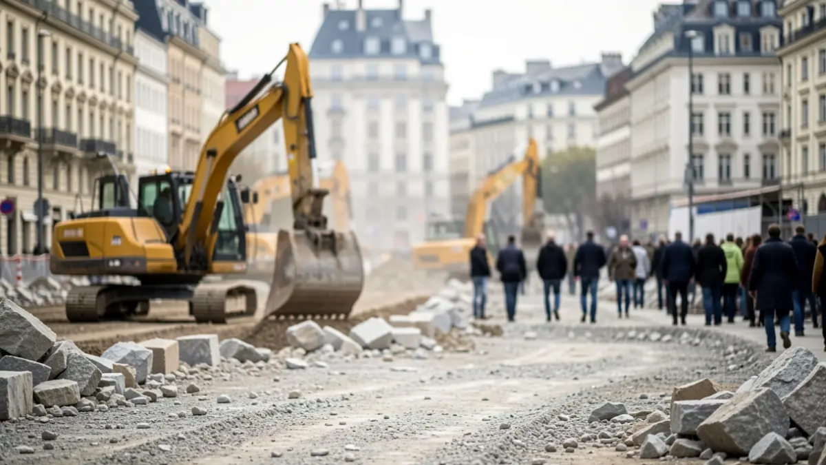 Obras de construcción en una plaza urbana con maquinaria pesada.