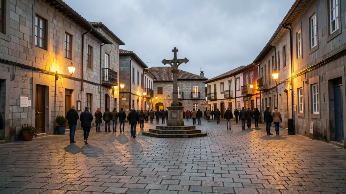 Imaxe xenérica dunha praza de vila galega con edificios de granito e un cruceiro ao atardecer.