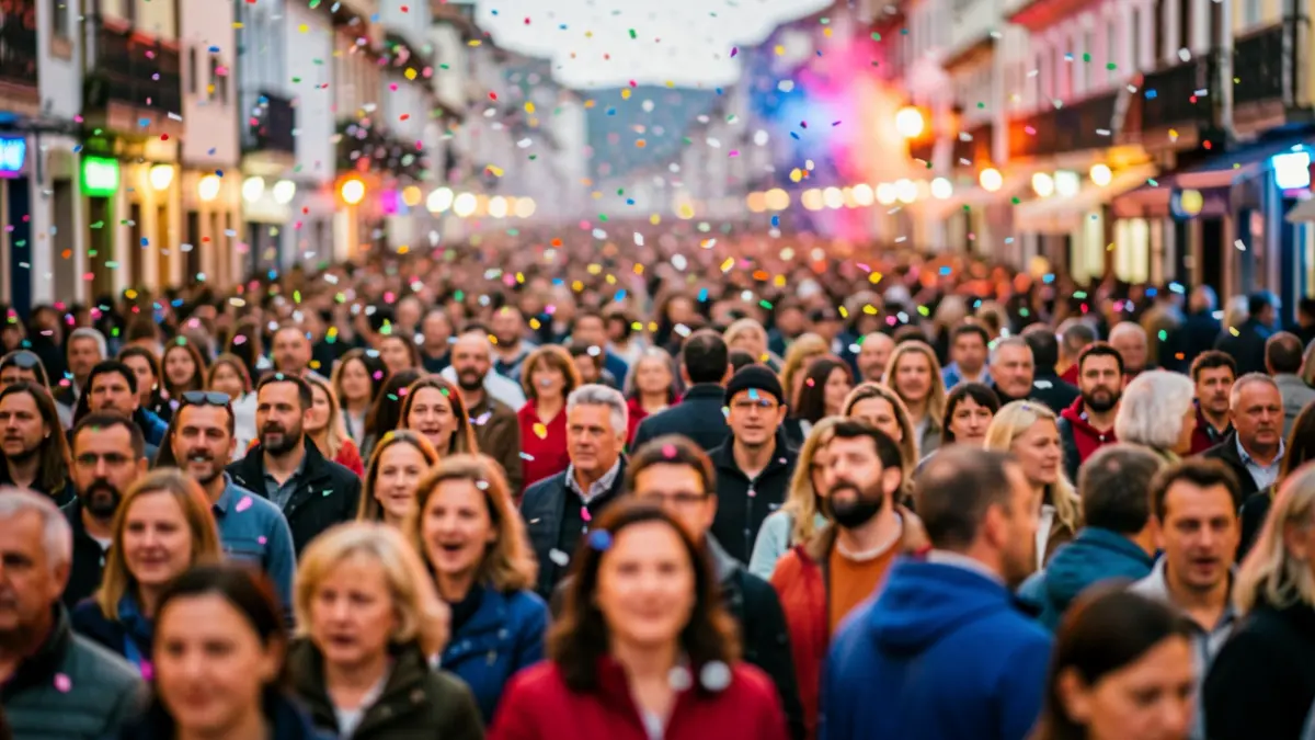 Imaxe xenérica de multitude nun evento festivo ao aire libre en Galicia, con luces e confeti.