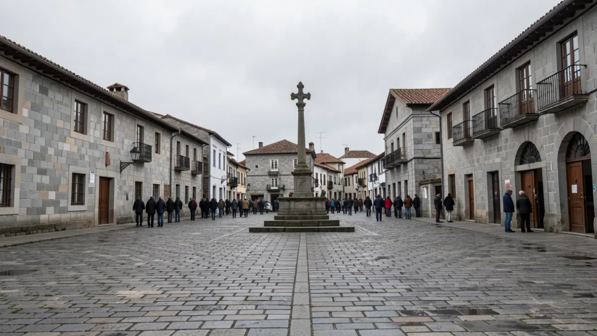Imagen genérica de una plaza de ayuntamiento gallego con arquitectura de granito y cielo nublado.