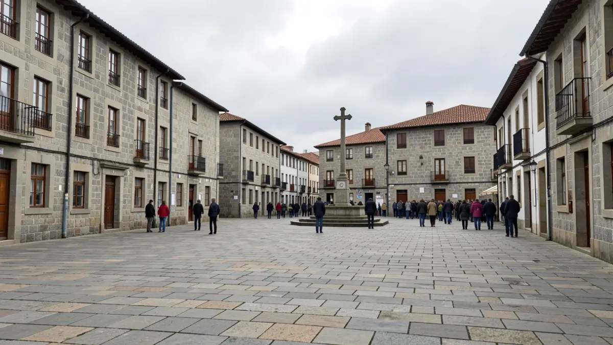 Imagen genérica de una plaza de pueblo gallega con edificios de granito y un cruceiro bajo un cielo nublado.