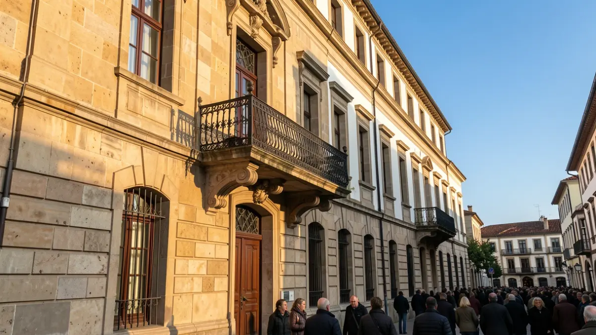 Imaxe xenérica dun concello galego de pedra con balcón ornamentado e raís de ferro, luz solar cálida da tarde.