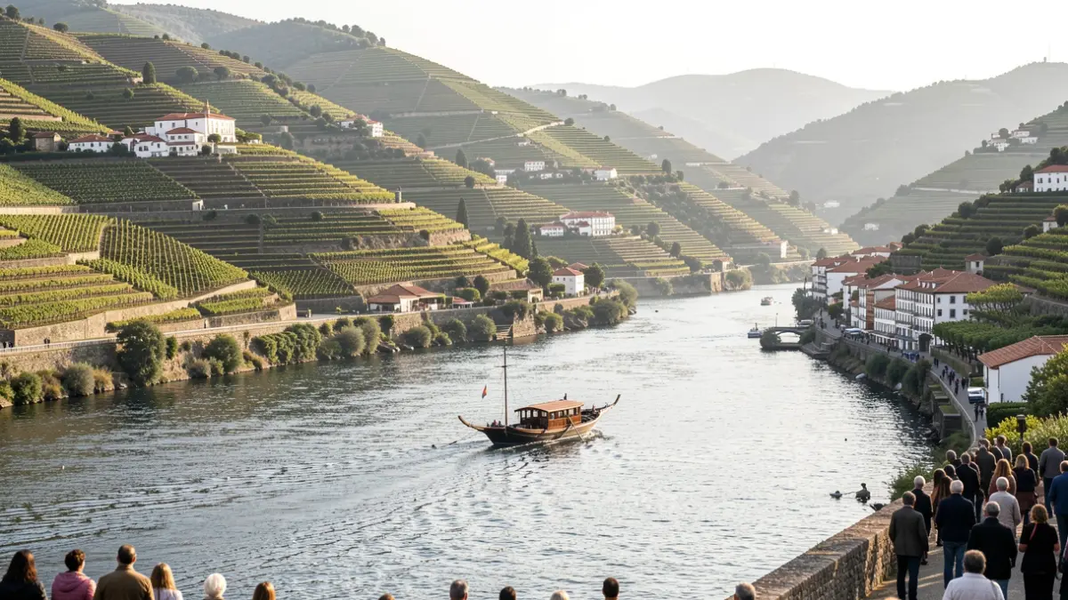 Imagen genérica de un río con viñedos y una embarcación tradicional.