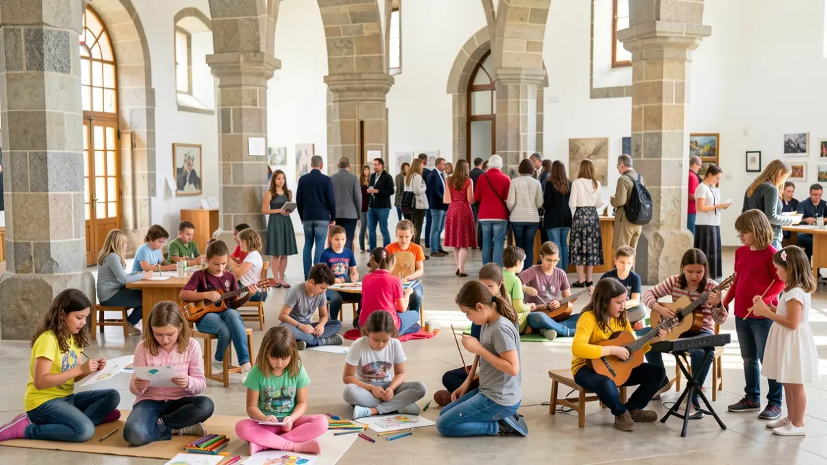 Nenos e nenas participando en obradoiros de arte en Pontevedra.