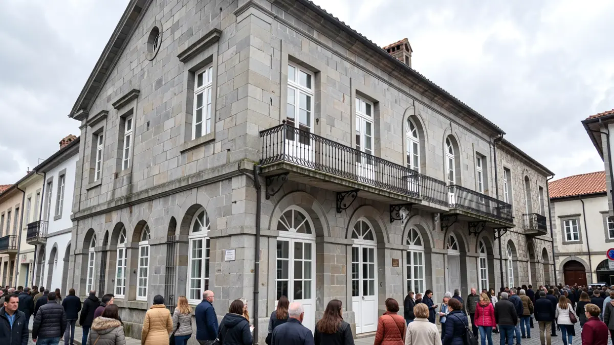 Imaxe xenérica dun edificio de concello de granito en Galicia.