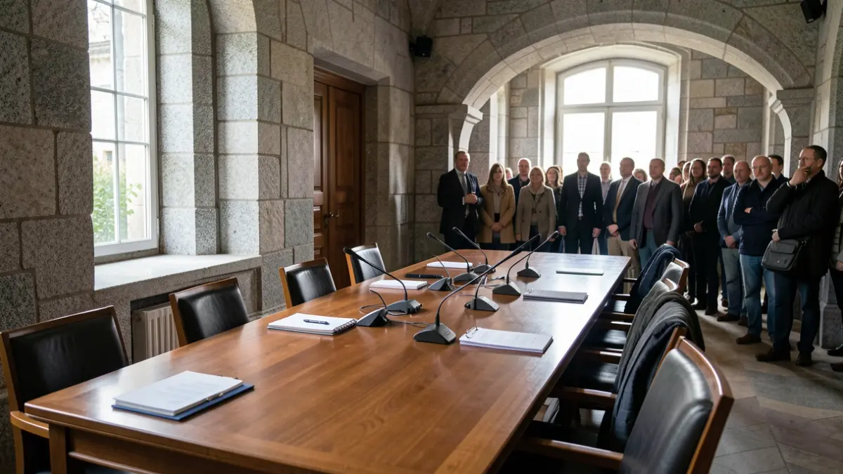Imaxe xenérica dunha sala de reunións oficial en Galicia con mesa de madeira e micrófonos.