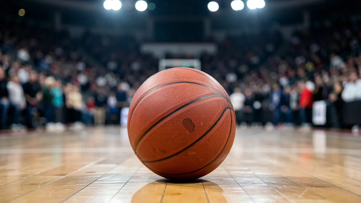 Imaxe xenérica dunha pelota de baloncesto sobre madeira, con luces do estadio desenfocadas.