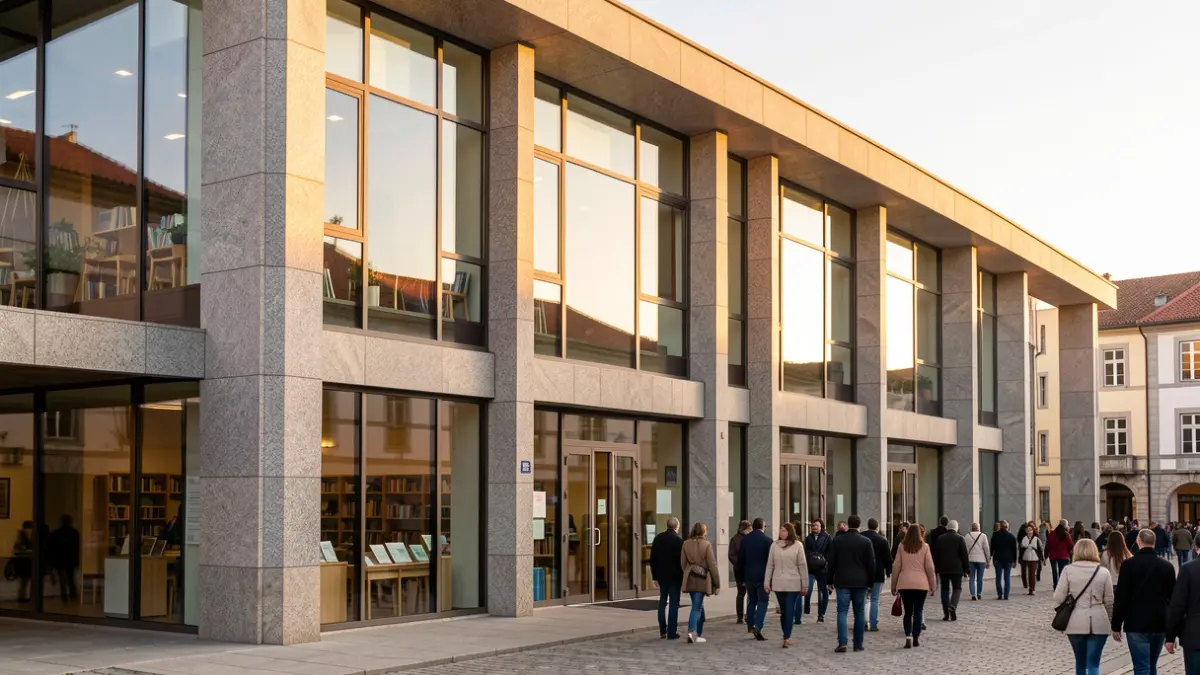 Imagen genérica de un centro cultural moderno con elementos de granito y grandes ventanales.