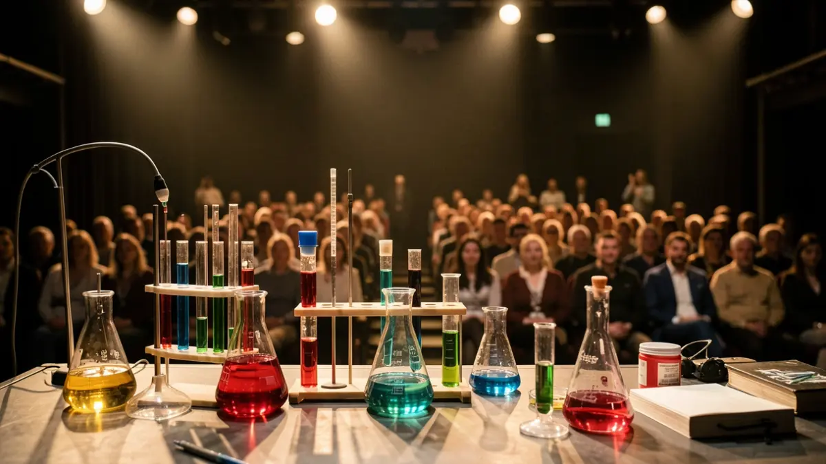 Imagen genérica de un laboratorio teatral con material científico y público difuminado.