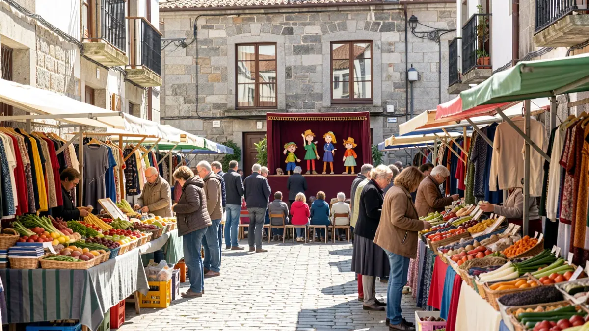 Imagen de un mercado en Valdoviño con puestos de venta y un espectáculo de títeres.