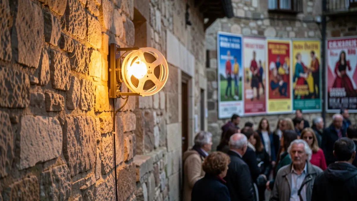 Imagen genérica de un carrete de película sobre una pared de piedra con carteles de festival desenfocados.